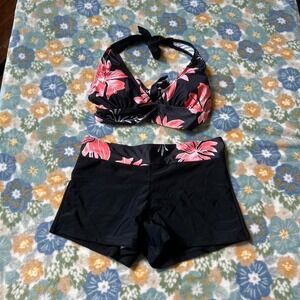 Black and coral pink floral bikini set women's small Brand new
